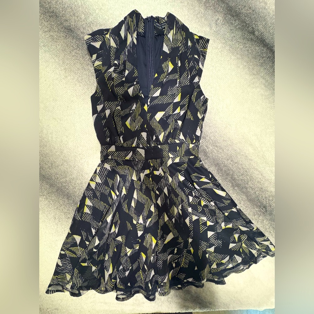 French Connection Navy Blue Patterned Fit-and-Flare Dress with Yellow Accents